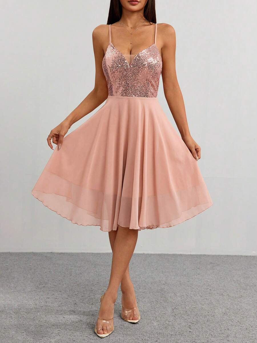 Vestido de cami patchwork de lantejoulas da moda, vestido de noite