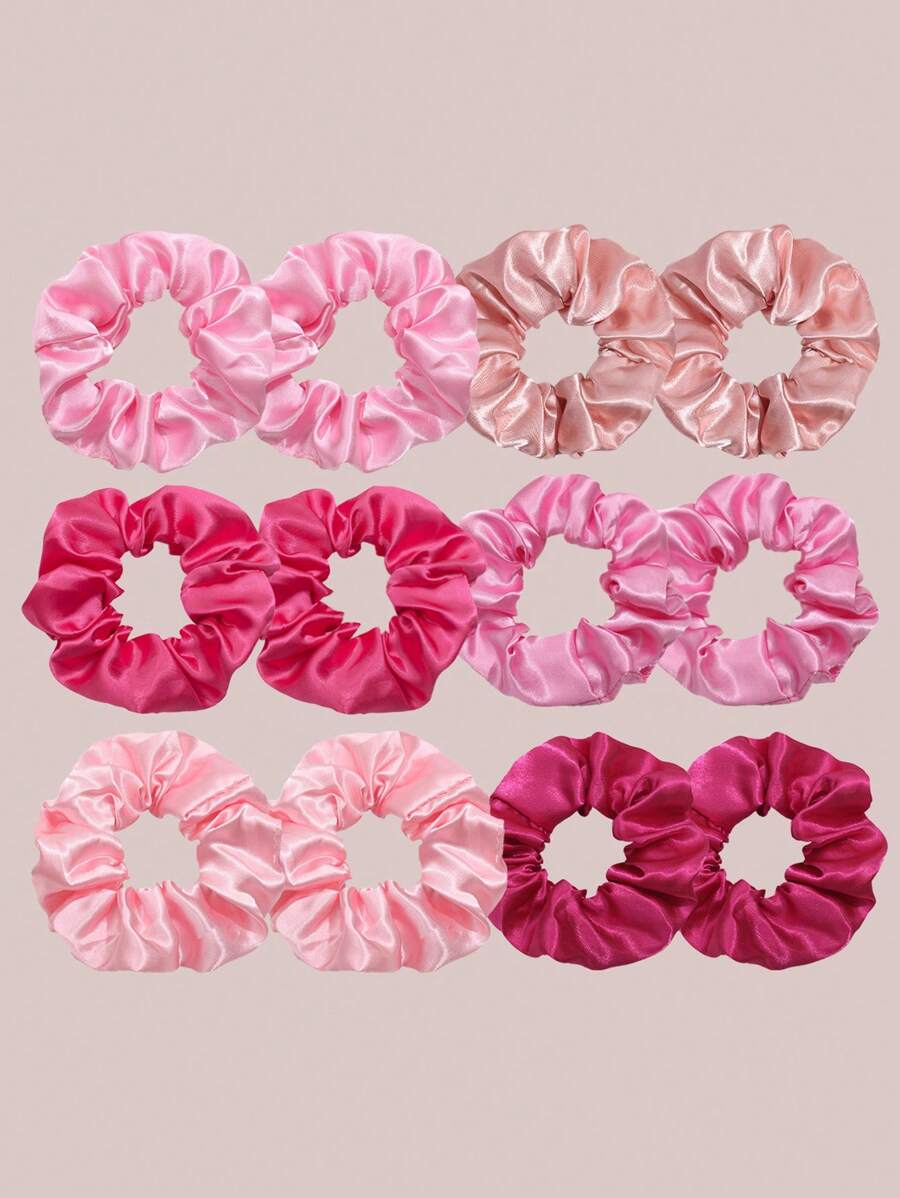 6/12pcs Girls Pink Series Fabric Scrunchies, Solid Color Simple Elastic Hair Ties, Random Color - Multicolor - View 1