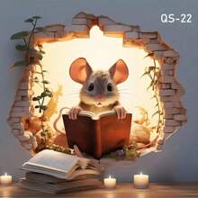 1pc Cute Reading Mouse Decorative Sticker, Self-Adhesive Wall, Baseboard, Desk, Cat Toy Sticker Film