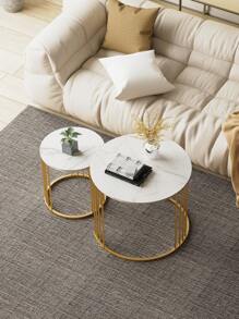Nesting Coffee Table Set Of 2, Round Table, Morden End Side Table Night Stand For Bedroom Dining Room - Marble White - View 2
