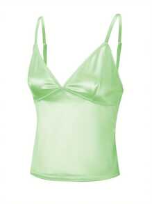 Women's Summer Satin Cami Tops Sleeveless Open Back V Neck Solid Color Tank Tops - 綠色 - 查看 3