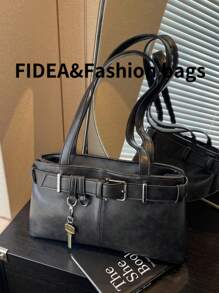 Túi Tote Thời Trang Cho Nữ, Da PU Đơn Giản Màu Trơn Phong Cách Cổ Điển, Đa Năng Cho Các Buổi Hẹn Hò & Việc Vặt, Có Phụ Kiện Móc Khóa - màu đen - Xem 5