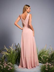 Mgiacy New Arrival V Neck Solid Color Bridesmaid Dress Ruched Ruffle Belt Chiffon Long Dress - Pink - View 2