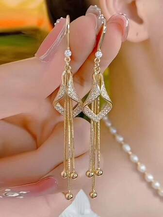 Elegant Korean Fashion Geometric Diamond Shape Long Tasseled Earrings For Women, Versatile Fully Rhinestoned Lightweight Luxury Earrings That Slim The Face