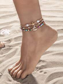 Set de 3 piezas de tobillera de mujer con estilo playero de verano, hecho de aleación, con estrellas de mar, conchas y cuentas apiladas de material de vidrio
