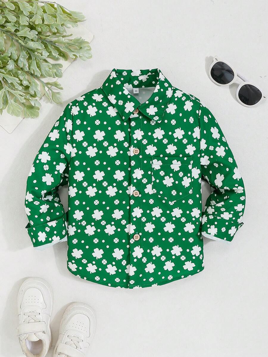年轻男孩绿色四叶草印花翻领开衫、节日派对正式上衣、春夏 - 綠色 - 查看 1