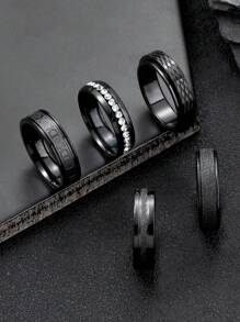 5pcs Stainless Steel Black Ring Set Unisex 6mm Wide Anxiety Ring Fashion Punk Style Gothic Jewellery Diablo Style Rhombus Lattice Pattern Frosted Craft Rhinestone Suitable For Couples Ring Holiday Gift Carnival Accessories - 5pcs Ring - View 6