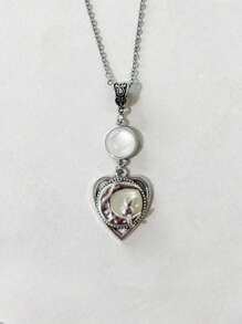 1pc Gothic Style Heart Shaped Cat & White Moon Pendant Necklace, Suitable For Daily Wear, Chain Length: 50cm