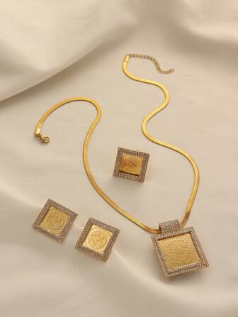 1 Set Luxury Vintage Copper Alloy Gold Plated Crystal Inlaid Square Pendant Earrings Ring Necklace Jewelry Set, Suitable For Women's Daily Wear And Holiday Gifts