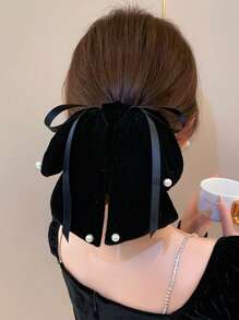 1 pièce, imitation velours noir/bordeaux, ruban décoratif en perles, grande pince à cheveux pour femme, pince à cheveux de qualité supérieure, douce et élégante, demi-queue de cheval, couvre-chef multifonctionnel, convient pour les tenues de fête décontractées au quotidien
