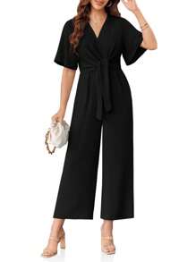 Larisa Womens Wide Leg Jumpsuit Short Sleeve Tie Knot Front Summer Long Romper Stylish Outfit - 黑色 - 查看 3