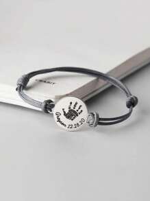 Personalized Custom Engraved Bracelet, Handmade Wax Rope Woven Stainless Steel Hand Plate Chain Name Adjustable Handprint Footprint Bracelet, Ladies Men's Anniversary / Holiday Gift