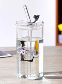 1pc A-Z Flower Letter Pattern Square Glass Cup, Simple And Heat-Resistant Flat Bottomed Cup For Office And Household Use, Milk Coffee Cup With Square Mouth, Bridesmaid Gift, Birthday Gift