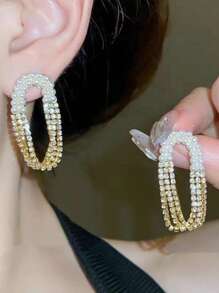 1 Pair Korean Elegant Pearl Tassel Earrings, Women Rhinestone Drop Earrings, Versatile For Daily Wear