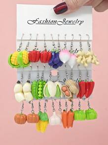 10pcs/30pcs Cross-Border New Dopamine Imitation Vegetable Series Resin Earring Set, Funny & Cute Pumpkin Ginger Eggplant Pea Peanut Earrings Pendants, Women Jewelry