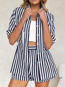 Women's Summer Casual Striped Shirt And Shorts 2 Pieces Set - 藏蓝色 - 查看 9