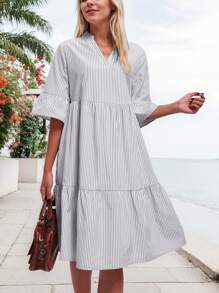 tooluck Chic Stripes Print Midi Maxi Dress, Ruffle Hem Design Idea To Daily Wear Street Style, Woman Clothes - White - View 4