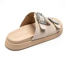 Flat Sandals With Rhinestone Buckles And Comfort Sole - Beige - View 4