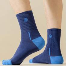 5 Pairs Mixed Men's Crew Socks, Thickened Moisture-Wicking Breathable Sport Socks, Basketball Socks, Color Block Design, Hot Selling, Suitable For Autumn/Winter & Spring/Summer