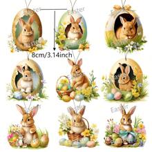 9/18Pcs Vintage Wooden Easter Bunny And Egg Ornaments Set, Animal Themed Easter Hanging Decorations, Spring Party Home Tree Decor, No Electricity Required