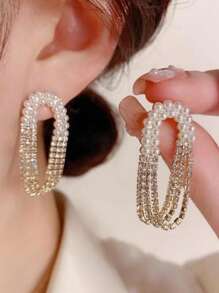 1 Pair Korean Elegant Pearl Tassel Earrings, Women Rhinestone Drop Earrings, Versatile For Daily Wear