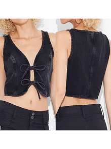 Women's Summer Jean Vest Sleeveless Tie-Up Front Denim Vest Tank Tops Jean Jacket