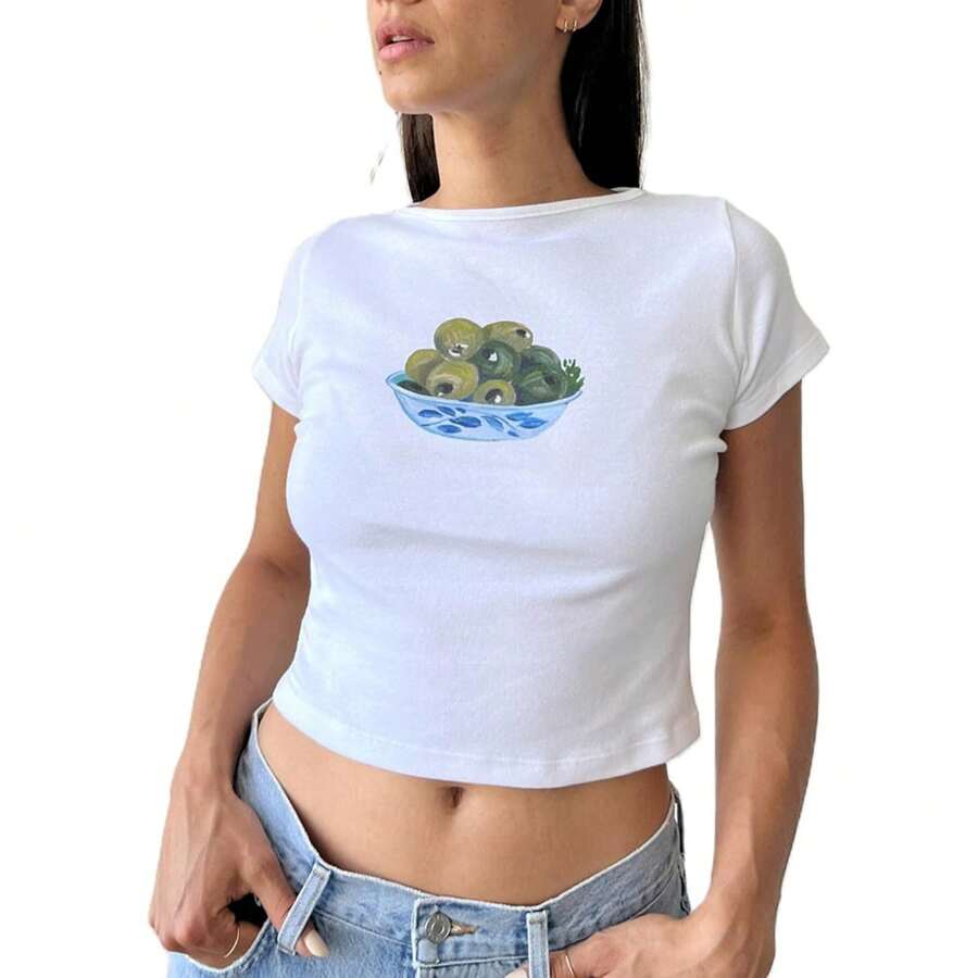 Women's Short Sleeve Y2K Baby Tees E-Girls Cute Graphic Print Crop Tops Slim Fit T Shirts Retro Vintage Aesthetic