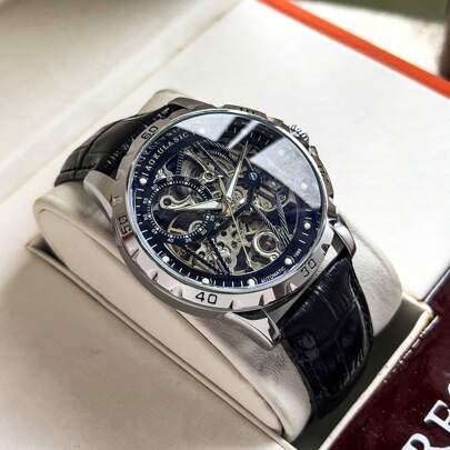 双面镂空豪华自动机械表，时尚机械风格皮革表带男士腕表，个性化强大多功能手表