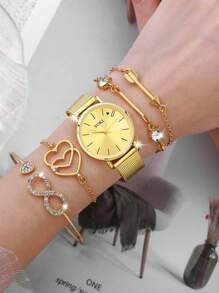 5 pièces Montre pour femmes, bracelet en acier inoxydable décontracté, montre quartz et bracelet flèche vent mode créative en forme de 8 avec diamant, montre-bracelet pour femmes adapté pour le port quotidien, la rentrée scolaire, la remise des diplômes, Thanksgiving, les couples, le meilleur cadeau. Boîte de montre non incluse