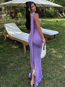 Vestido elegante de un solo hombro y espalda descubierta, largo y de un solo color, para mujeres: corte slim con diseño sencillo y lazos flotantes, ideal para fiestas, banquetes y citas - Morado - Ver 5