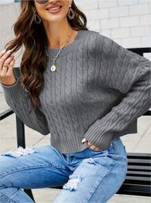 Women's Sweater Knitted Pullover,Casual Cropped Sweater Long Sleeve Round Neck,Crewneck Pullover Knit Jumper Top Loose Sweater Top Autumn Winter - Gris - Ver 2