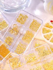 6-Grid Box Nail Rivet Decoration Accessories Golden Hollow Shape Decoration Shell Conch, Crescent Star And Heart-Shaped Diamond Crown For DIY Nail Decoration Handmade Creative Accessories