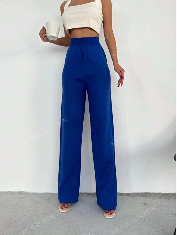 Vrouwen effen kleur hoge taille rechte losse gebreide broek