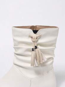 女式白色褶皱侧拉链流苏平底圆头舒适百搭休闲/工作时尚踝靴 - 白色 - 查看 7