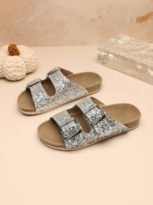 儿童平底搭扣软木沙滩拖鞋，时尚百搭韩式休闲户外凉鞋（装饰带图案随机） - 銀色 - 查看 4