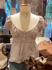 Women's Fairy Grunge Shirts Summer Short-Sleeved Plaid T-Shirt Y2K Low-Necked Pleated Hem Aesthetic Tops