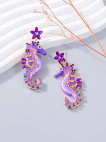 juran 1 Pair Women's Rhinestone Dripping Animal Charm Earrings, Fun Seahorse Beach Resort Jewelry - Purple - View 2