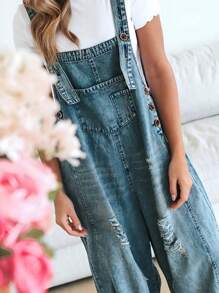 Women's Casual Denim Overall Jumpsuit Loose Adjustable Shoulder Straps Make Old Denim Cargo Belt Pockets