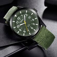 BIDEN 1 pieza Reloj deportivo de moda para hombres, reloj de cuarzo analógico para hombres, calendario digital árabe fácil de leer, reloj con correa de nailon luminosa y resistente al agua - Verde militar - Ver 4