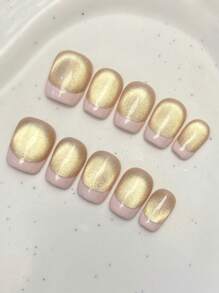 10pcs Pure Handmade Nail Art Short Oval Nail Art French Nails, Pink Blue Cat Eye Cute Cartoon Elegant Luxury Simple Nail Art, Valentine's Day Nails, Cute Sweet Nails Press-On False Nails, Daily Nail Art Holiday Nail Art