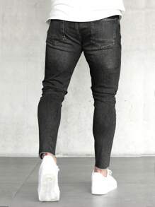 Men's Distressed Edges Tight Fit Casual Denim Jeans - Black - View 2