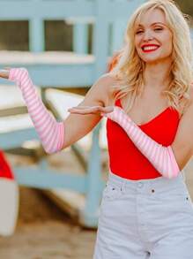 两件套，朋克哥特摇滚长臂保暖针织露指手套拇指孔弹性哥特配饰女士条纹表情手套，兔耳朵头箍，毛绒发饰，适合女性和女孩，可爱兔耳头箍，兔子套装组合，适合派对，复活节，生日派对，表演万圣节