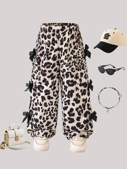 Young Girl Spring/Summer Straight Leg Pants, Leopard Print & Bow Decor, Casual Loose Wide-Leg Trousers