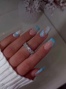 1 Box Of 24pcs Coffin Shaped French Manicure Nails, Blue White Ombre Marble Texture, 3D Striped & Shell Pattern Press On Nails Set, Removable Designed For All Girls And Women, Comes With Nail File