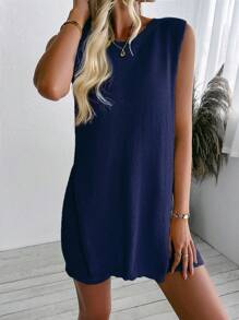 2 sztuki luźnego, jednolitego koloru, bezrękawnik z okrągłym dekoltem i rozcięciem u dołu oraz dzianinowe spodenki - Granatowy - Zobacz 6