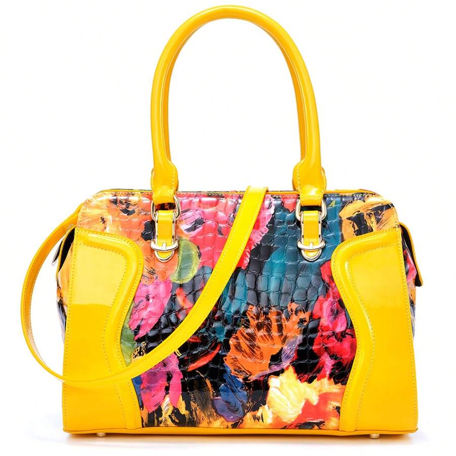 Yellow Purse,Graffiti Tote Bag, Luxury Designer  Handbags For Women, Black Genuine Leather Purses Totes, Cowhide Shoulder Crossbody Bags, Rose, Leopard Print, Black Purse,Laptop Bag For Work, Large Capacity,Adjustable Shoulder Strap,Waterproof,With Zipper, Travel Business Casual, Daily Commutes And Outings, Halloween Christmas Gifts For Women - 塗鴉顏色 - 查看 1