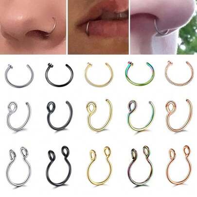 3 piezas Aro falso de nariz de acero inoxidable para mujeres y hombres, anillo de septo con clip en C para unisex, joyería corporal de aro falso de 14K oro sin perforar