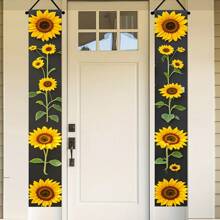 1 para (11,8*70,8 cala/30*180 cm) dwustronna dekoracja drzwi z motywem kwiatowym wiosennym ze wzorem słonecznika, materiał poliestrowy, wisząca ozdoba na werandę Happiness Spring, dekoracja ścienna do wewnątrz/na zewnątrz, lambrekin na drzwi imprezowe, wiszący baner w stylu wiejskim i podwórkowym, wiosenna dekoracja pokoju - nie wymaga zasilania, idealna na przyjęcie świąteczne w domu i na zewnątrz