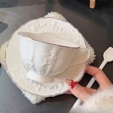 Conjunto de Xícara e Pires de Cerâmica com Alívio de Anjo, Xícara de Café e Chá da Tarde Vintage, Estilo Palaciano Europeu, Presente de Aniversário