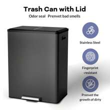 Step Dual Trash Can, 60L/16 Gallon Recycle Bins With Lid, 2 Removable Wastebusket, Step Pedal, Large Stainless Steel Double Trash Bin For Kitchen, Bathroom - 黑色 - 查看 6